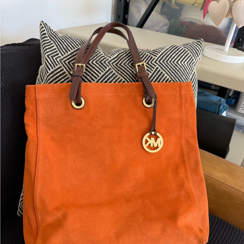 Michael Kors Orange Suede Tote with Brown Handles
